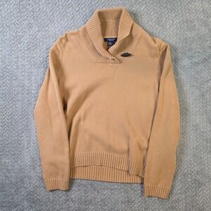 Chaps Womens Shawl Collar Sweater L Tan 100% Cotton Toggle Knit Pullover Slim